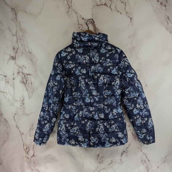 Lands End Down Jacket Womens 8 Medium Puffer Coat Blue Floral Zip Puffy FP Power - Picture 5 of 11